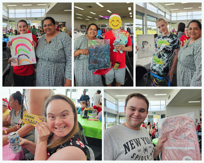 Gemma, Ethan, Myles, and Xavier proudly display their prize-winning artwork from the speed painting competition. With beaming smiles, they pose alongside their stunning canvases, clutching their well-deserved prizes.